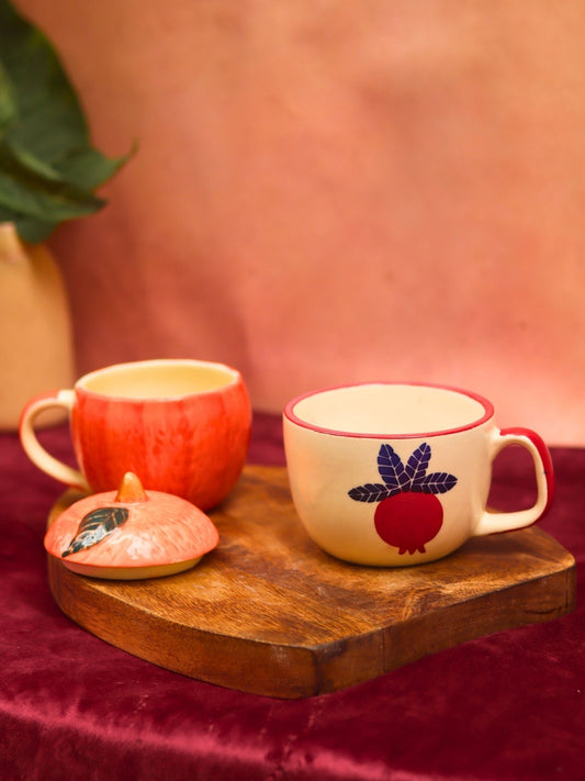 Set of 2 - Orange mug with lid & Anar Mug combo made by ceramic