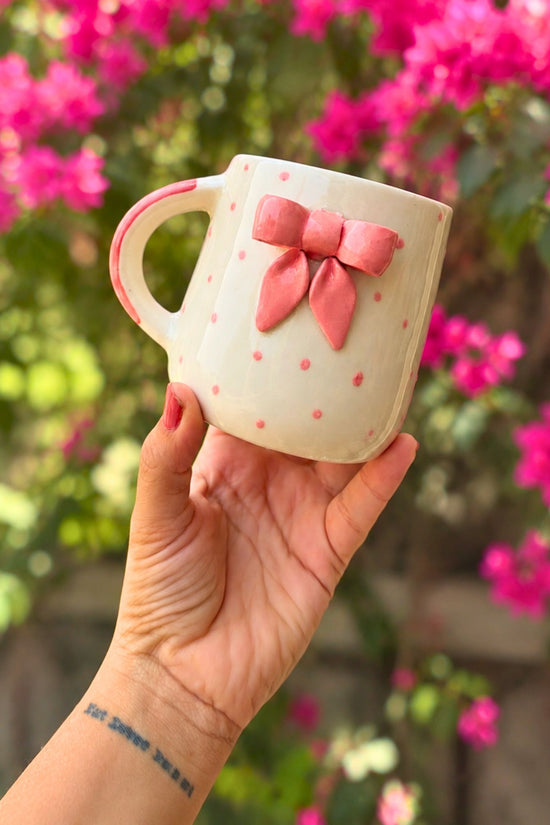 Bow Embrossed Mug - Pink  made by ceramic