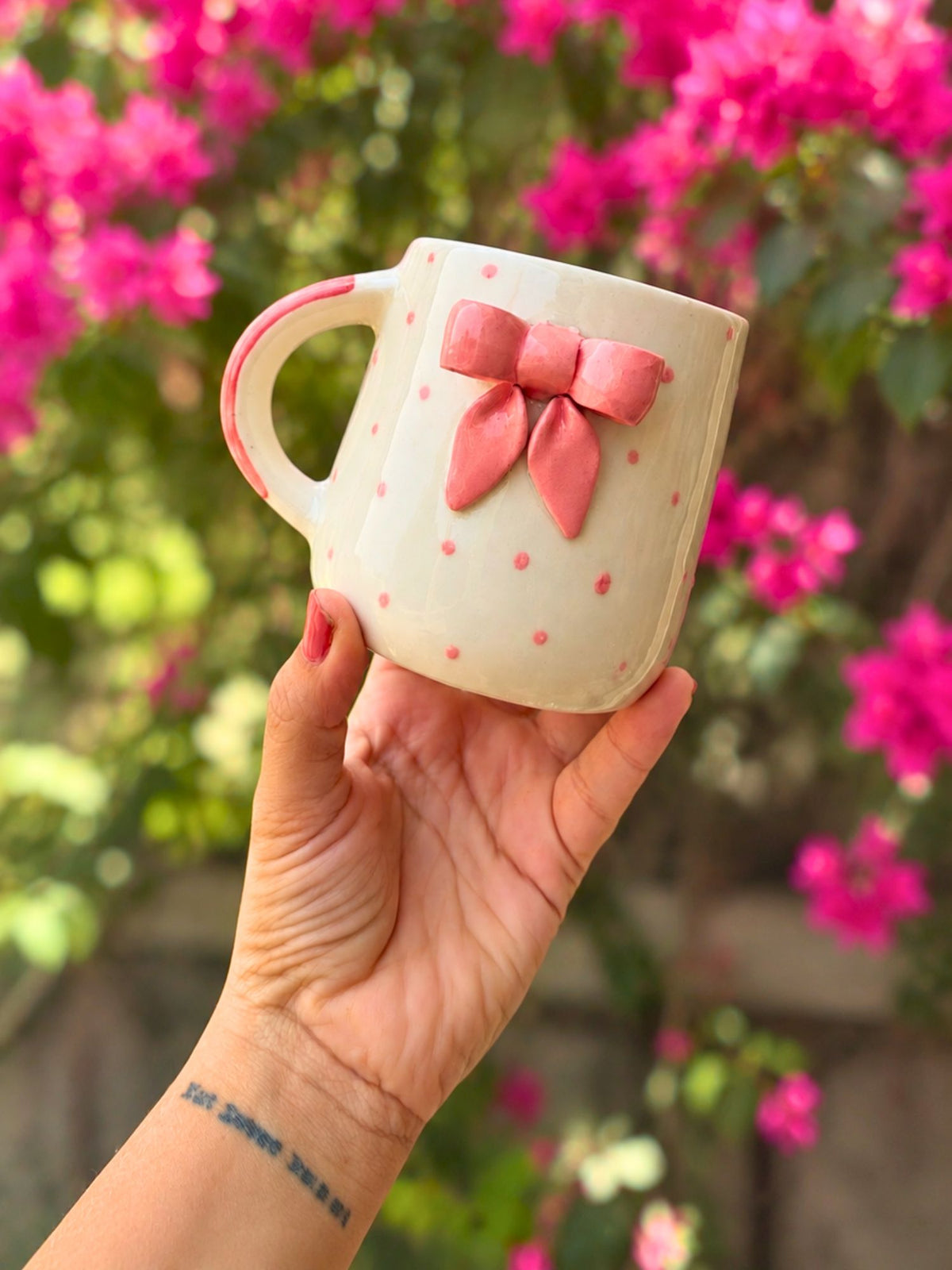 Bow Embrossed Mug - Pink  made by ceramic