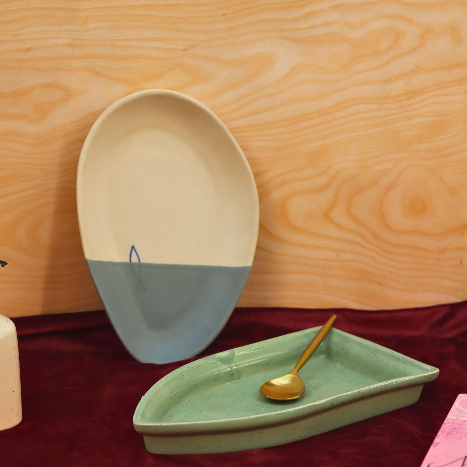 handmade Set of 2 - Coastal catch & Sage green boat platter combo