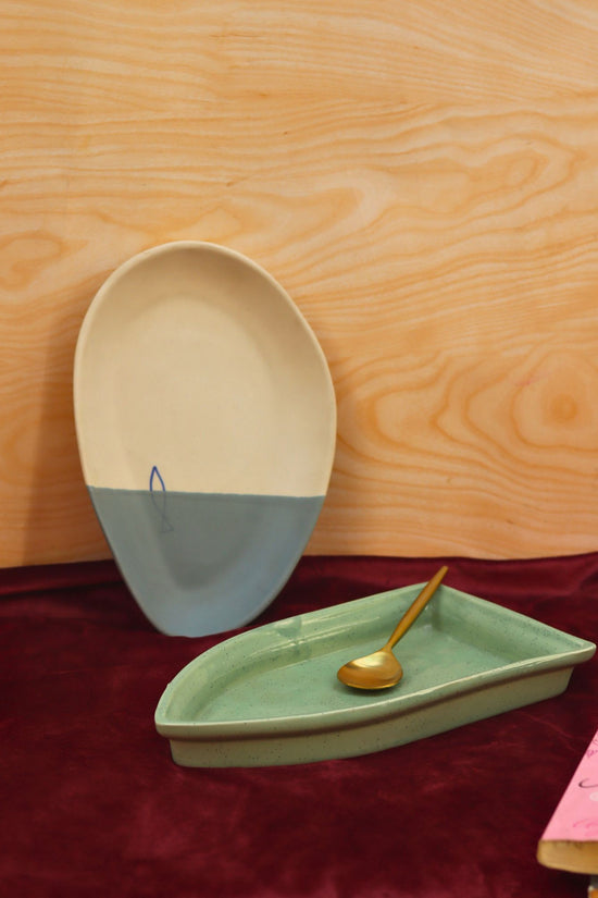 handmade Set of 2 - Coastal catch & Sage green boat platter combo