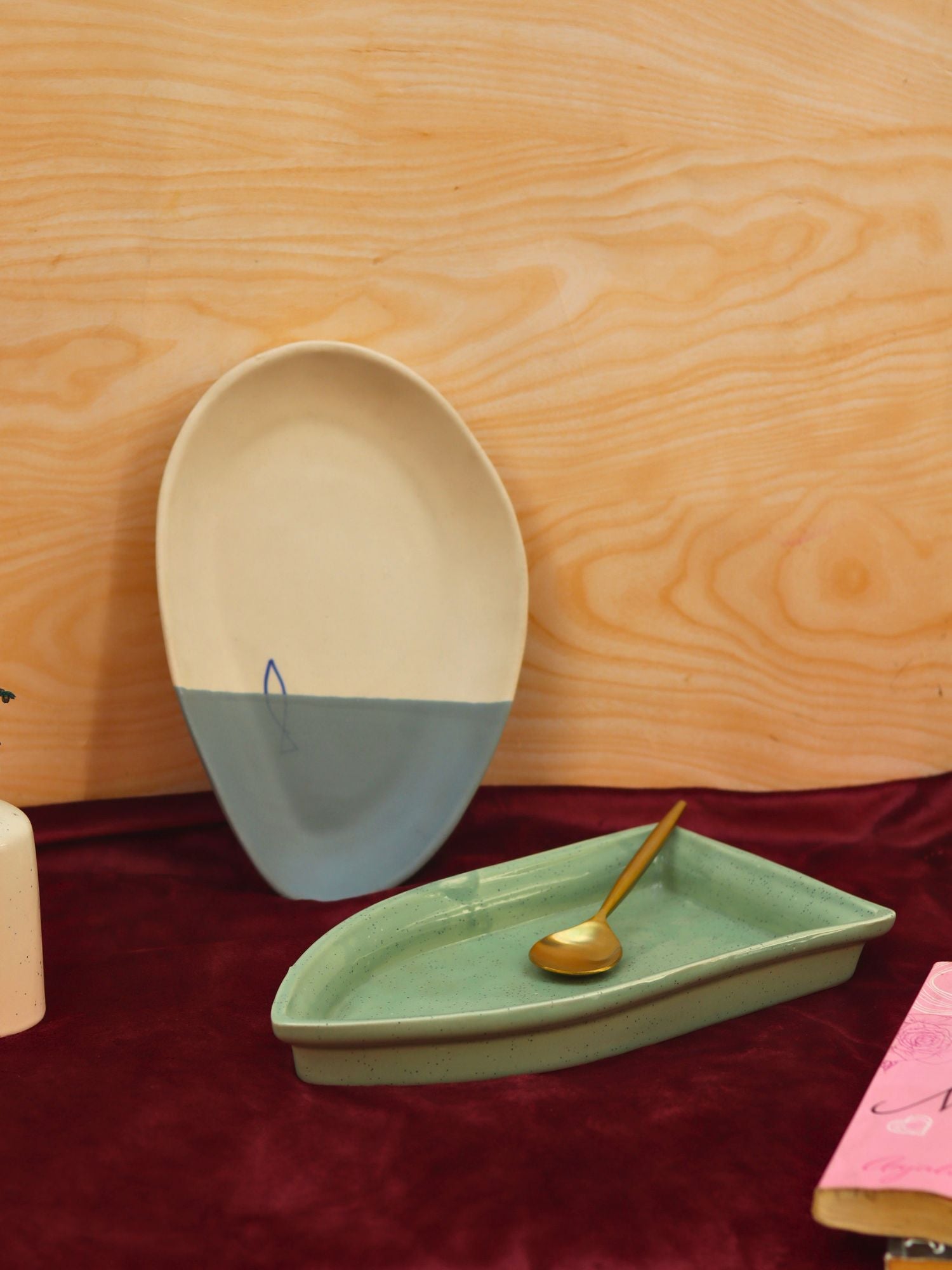 handmade Set of 2 - Coastal catch & Sage green boat platter combo