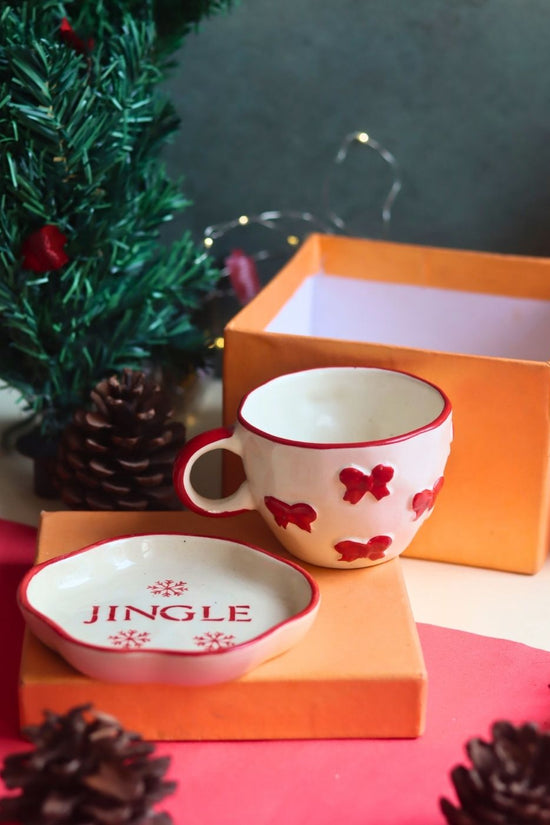 Bow Mug & Jingle Handmade Dessert Plate in a Gift Box handmade in india