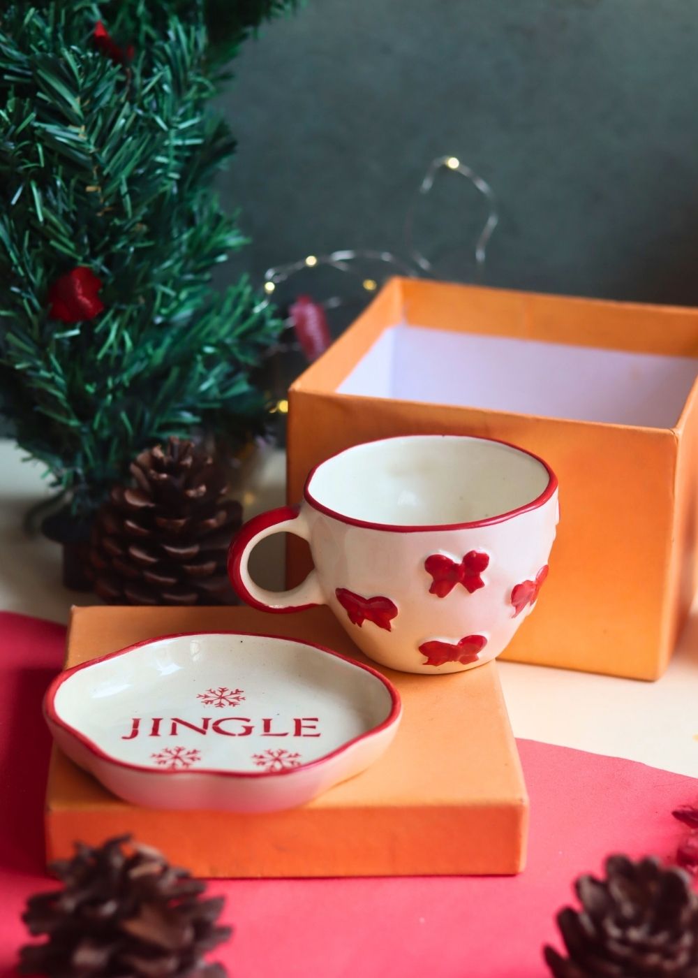 Bow Mug & Jingle Handmade Dessert Plate in a Gift Box handmade in india