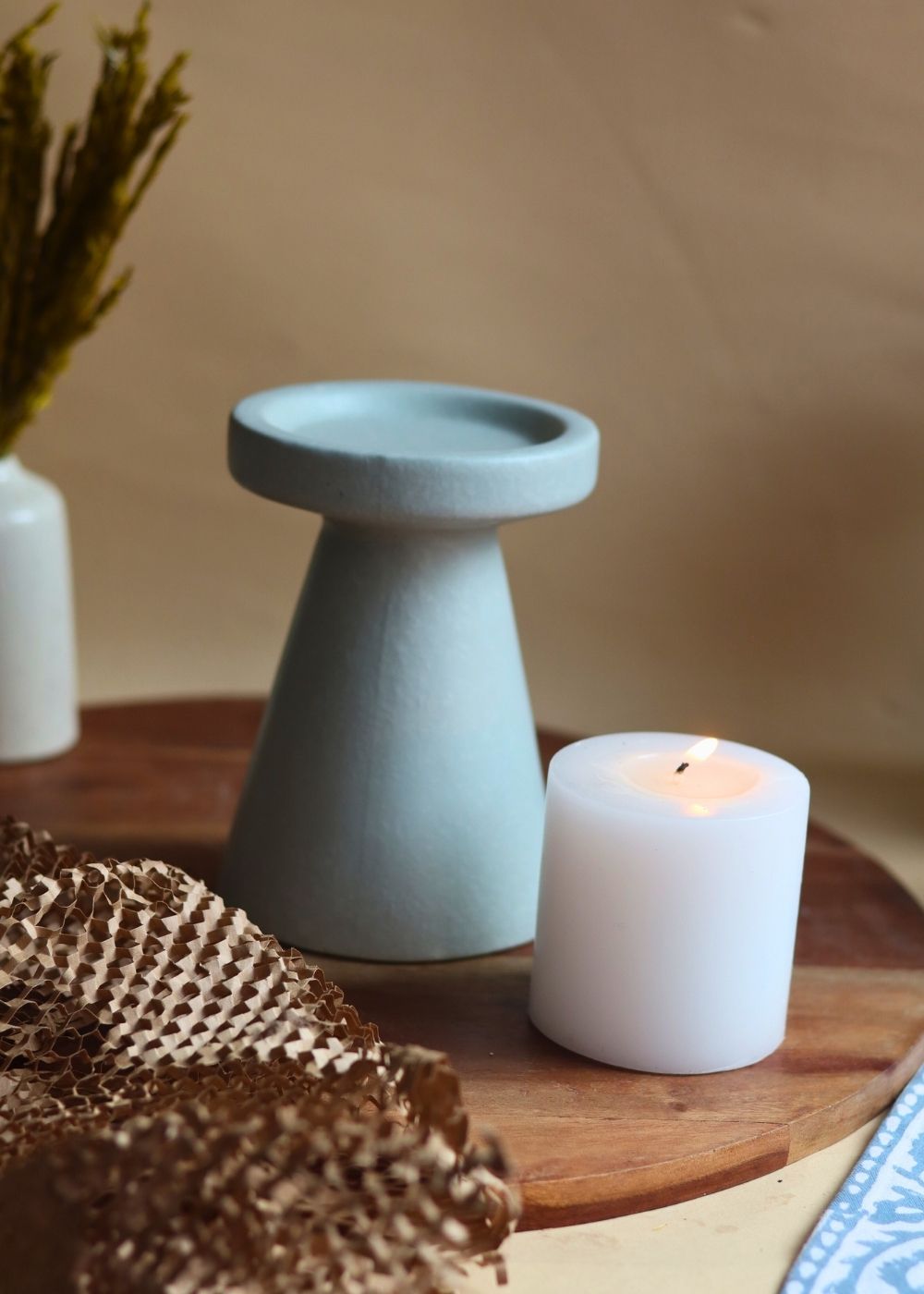 Sky Blue Pillar Candle Holder - Medium handmade in india