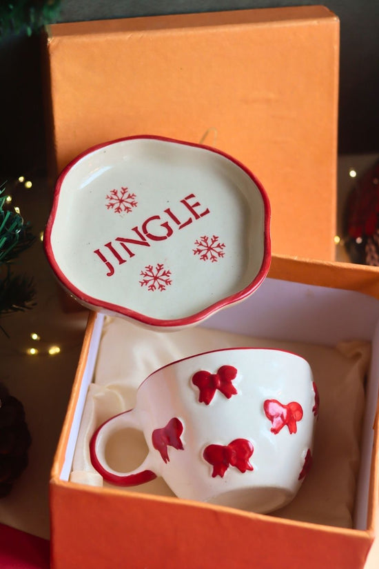 handmade Bow Mug & Jingle Handmade Dessert Plate in a Gift Box