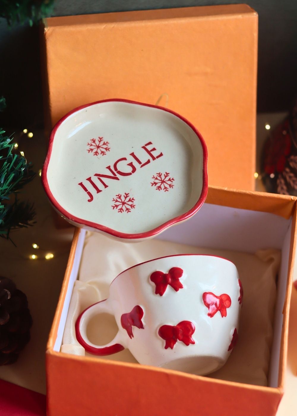 handmade Bow Mug & Jingle Handmade Dessert Plate in a Gift Box