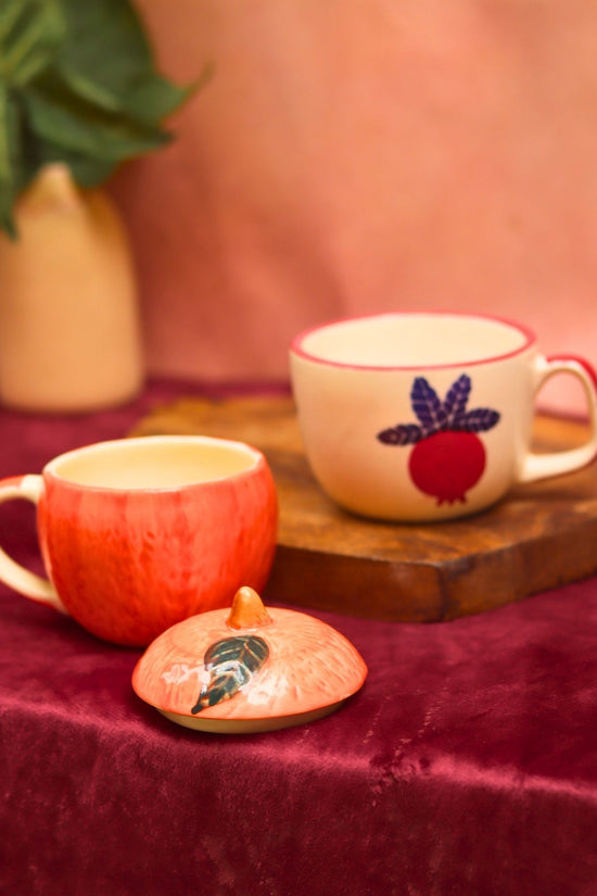 Set of 2 - Orange mug with lid & Anar Mug combo handmade in India