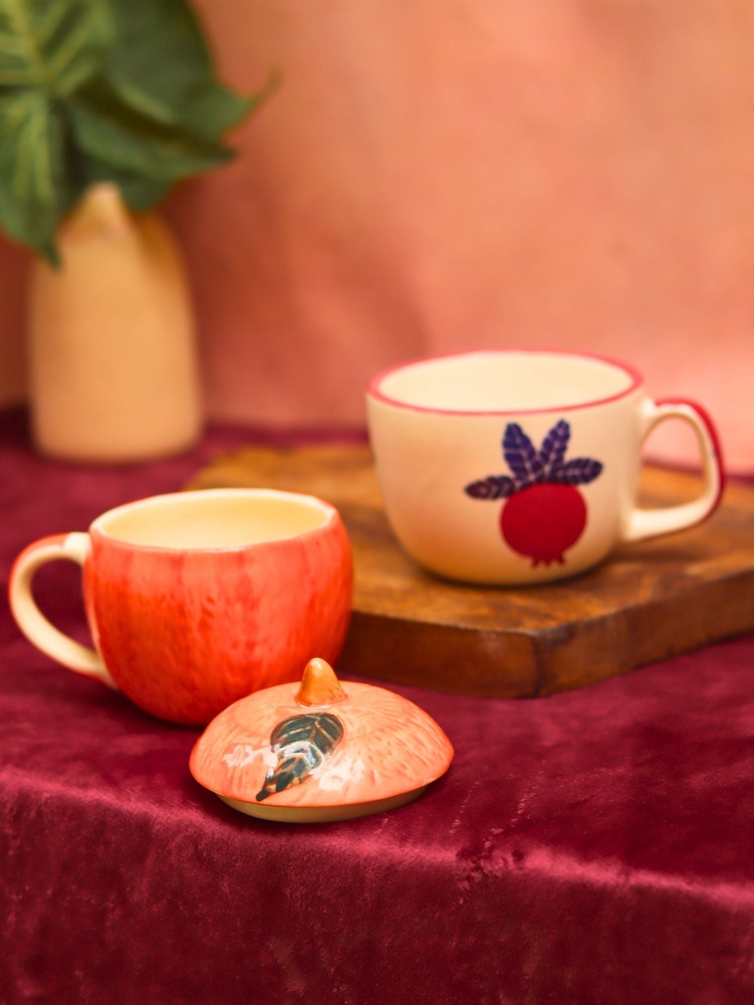 Set of 2 - Orange mug with lid & Anar Mug combo handmade in India