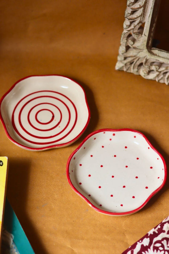 Set of 2 - Red Lined & Red Polka handmade Dessert Plates for your delicious dessert