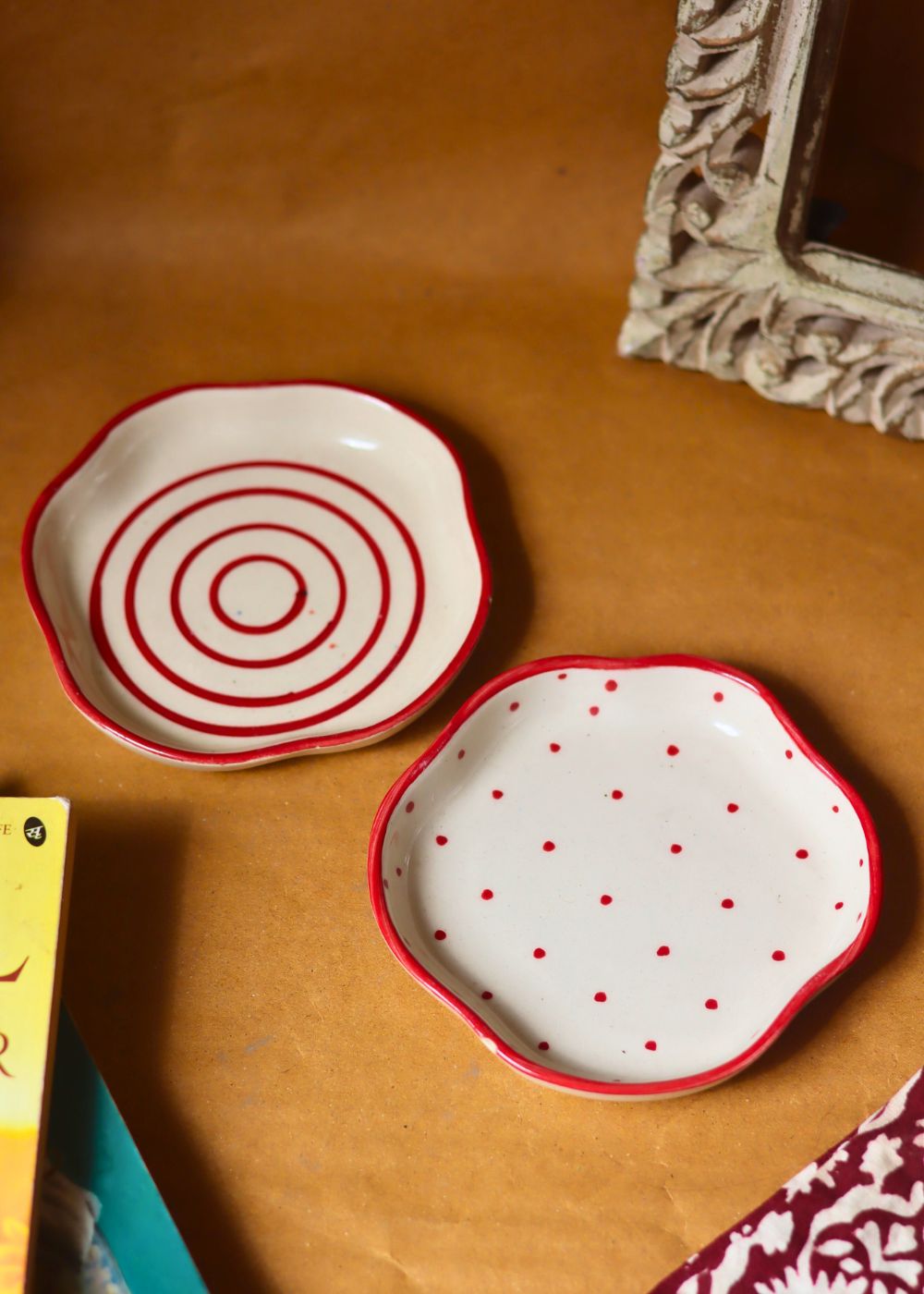 Set of 2 - Red Lined & Red Polka handmade Dessert Plates for your delicious dessert