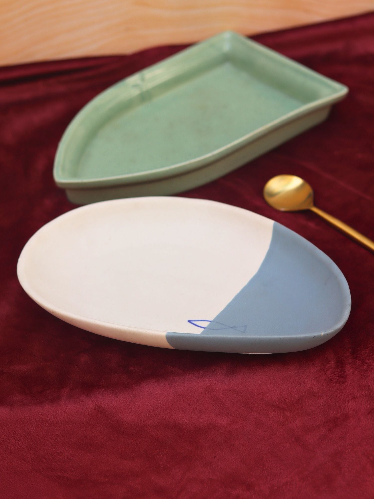 Set of 2 - Coastal catch & Sage green boat platter combo with premium quality material