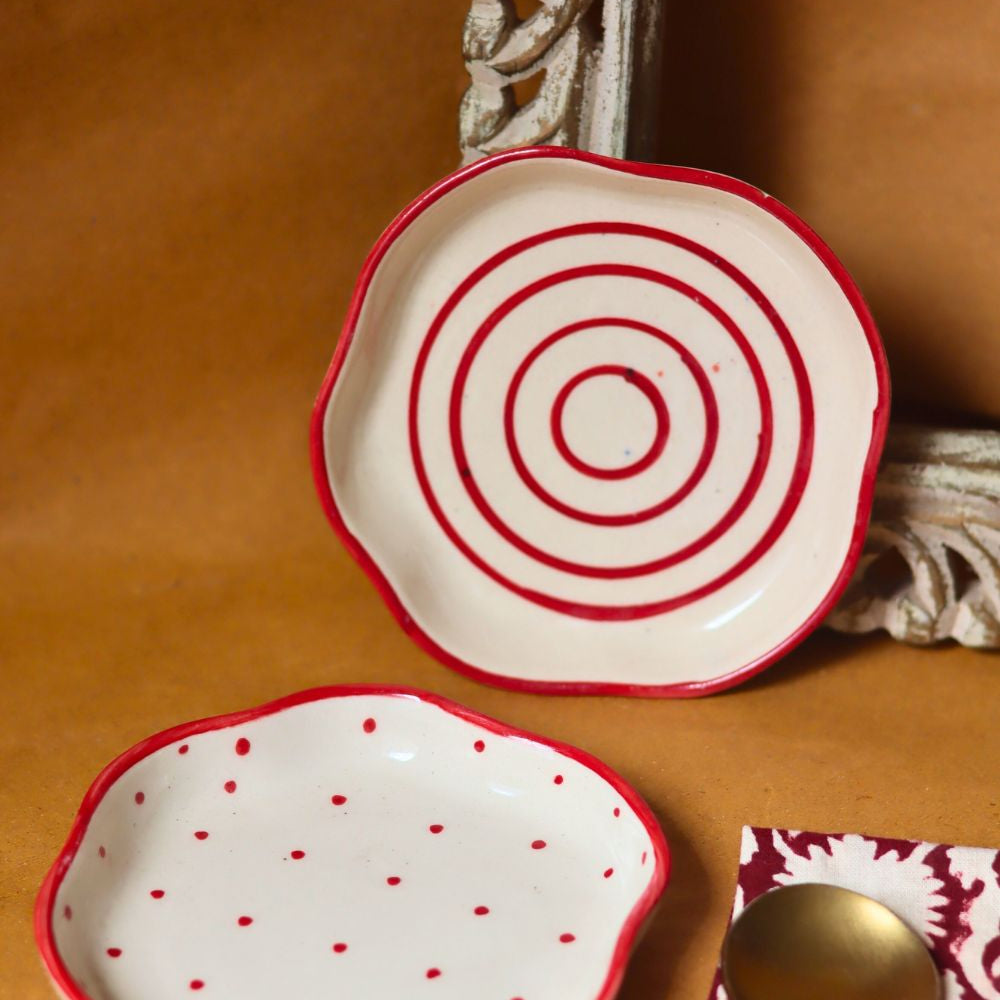 Set of 2 - Red Lined & Red Polka handmade Dessert Plates made by ceramic