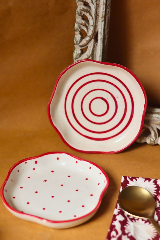 Set of 2 - Red Lined & Red Polka handmade Dessert Plates made by ceramic
