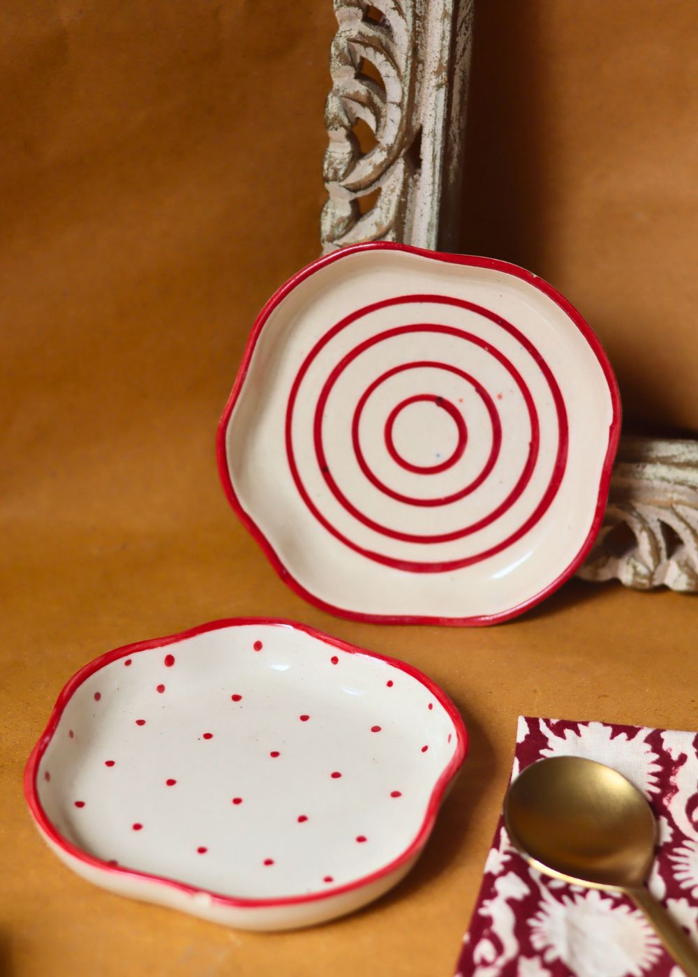 Set of 2 - Red Lined & Red Polka handmade Dessert Plates made by ceramic