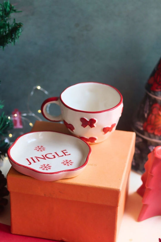Bow Mug & Jingle Handmade Dessert Plate in a Gift Box made by ceramic