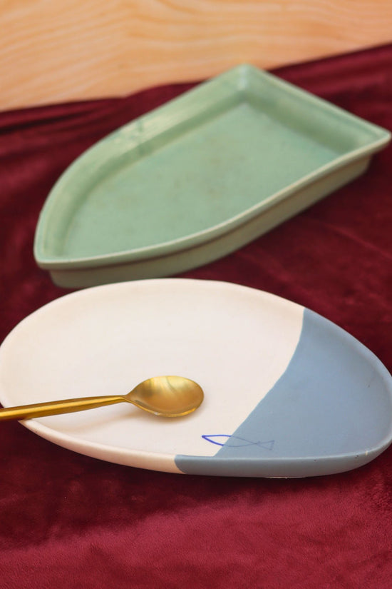 Set of 2 - Coastal catch & Sage green boat platter combo handmade in India