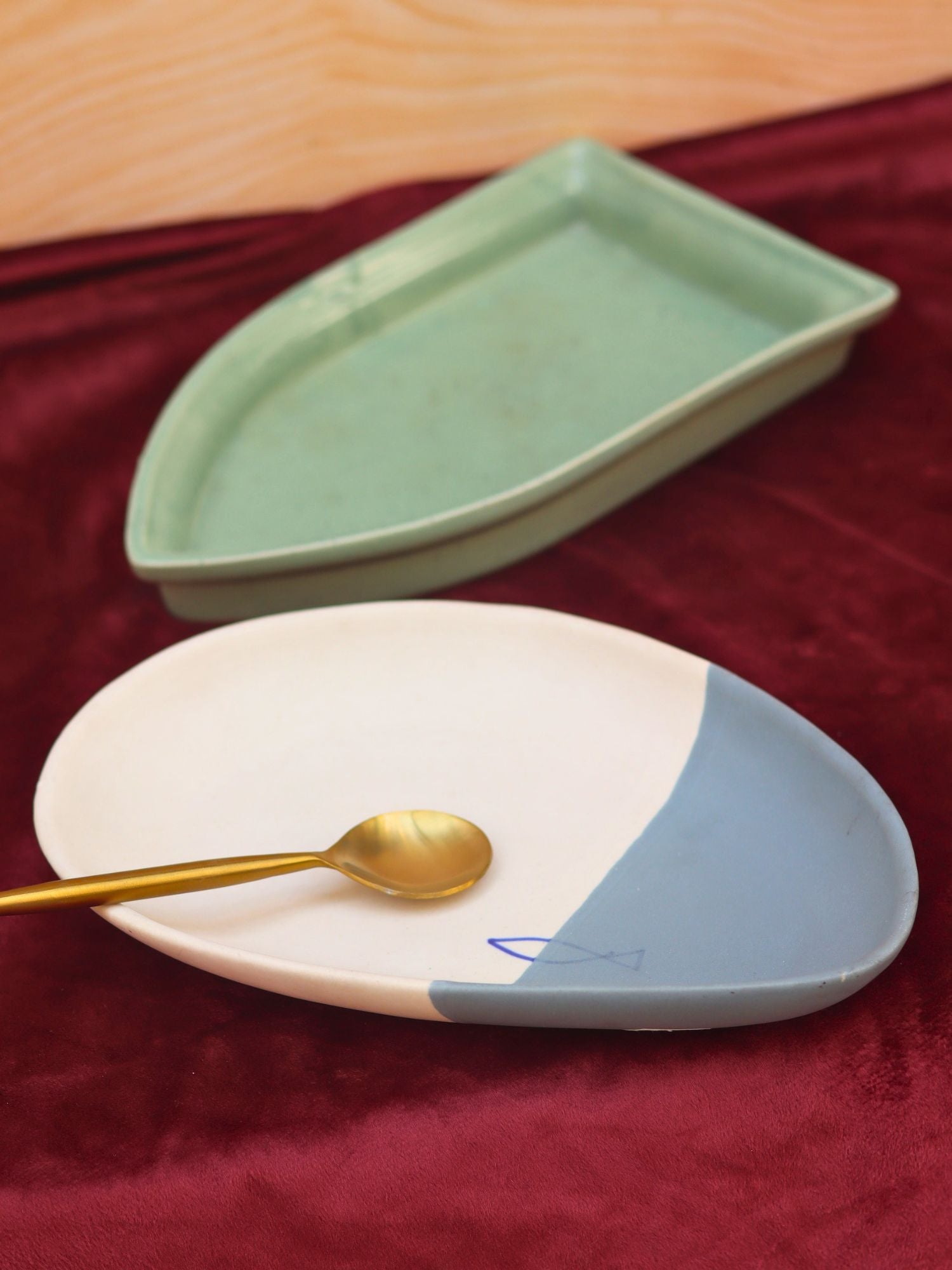 Set of 2 - Coastal catch & Sage green boat platter combo handmade in India