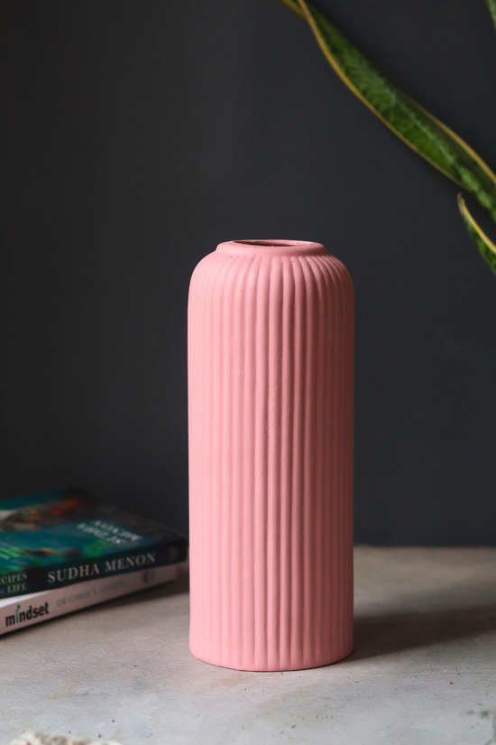 Ceramic pink ribbed tall vase 