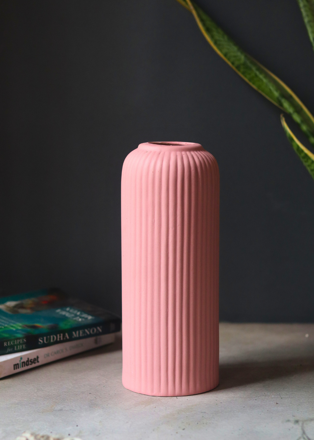 Ceramic pink ribbed tall vase 