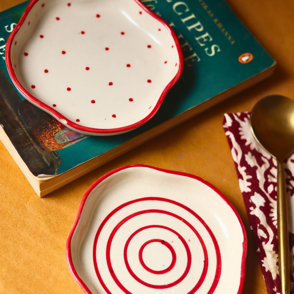 Set of 2 - Red Lined & Red Polka handmade Dessert Plates with premium quality material