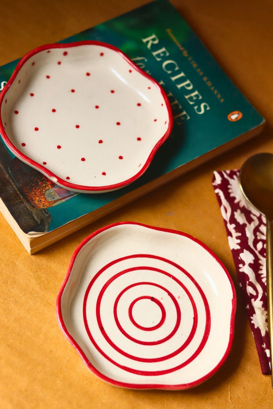 Set of 2 - Red Lined & Red Polka handmade Dessert Plates with premium quality material
