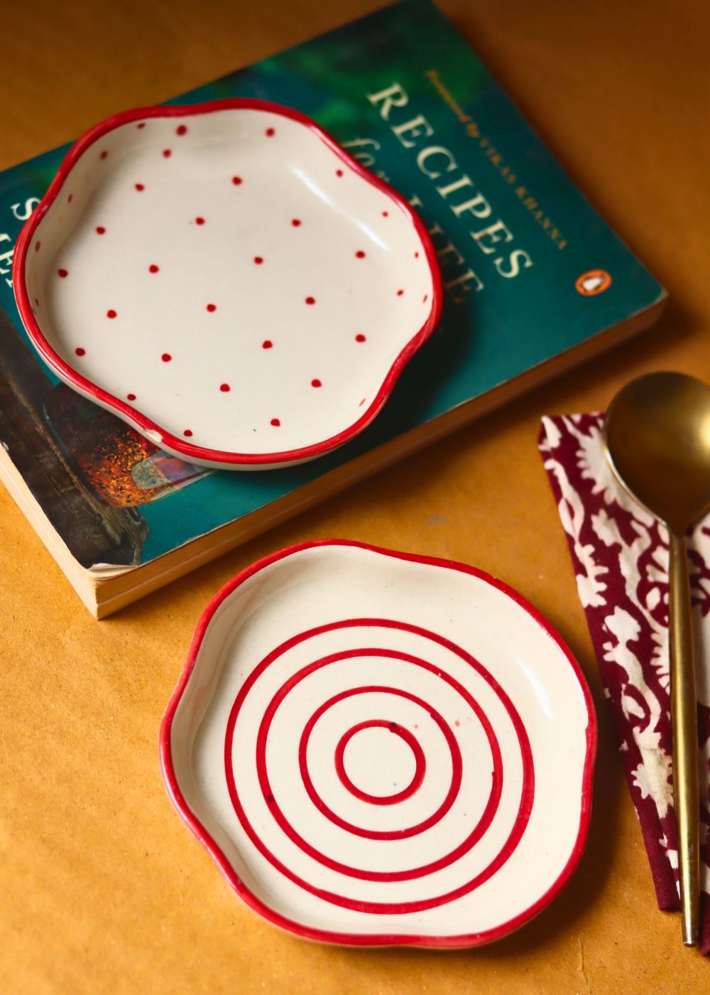 Set of 2 - Red Lined & Red Polka handmade Dessert Plates with premium quality material