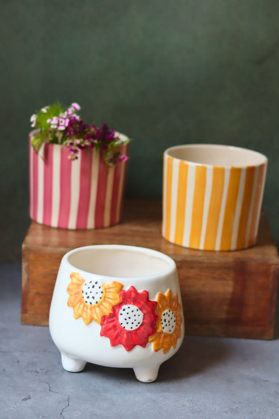 Handmade Set of 3 - Striped & Floral Bliss Planters