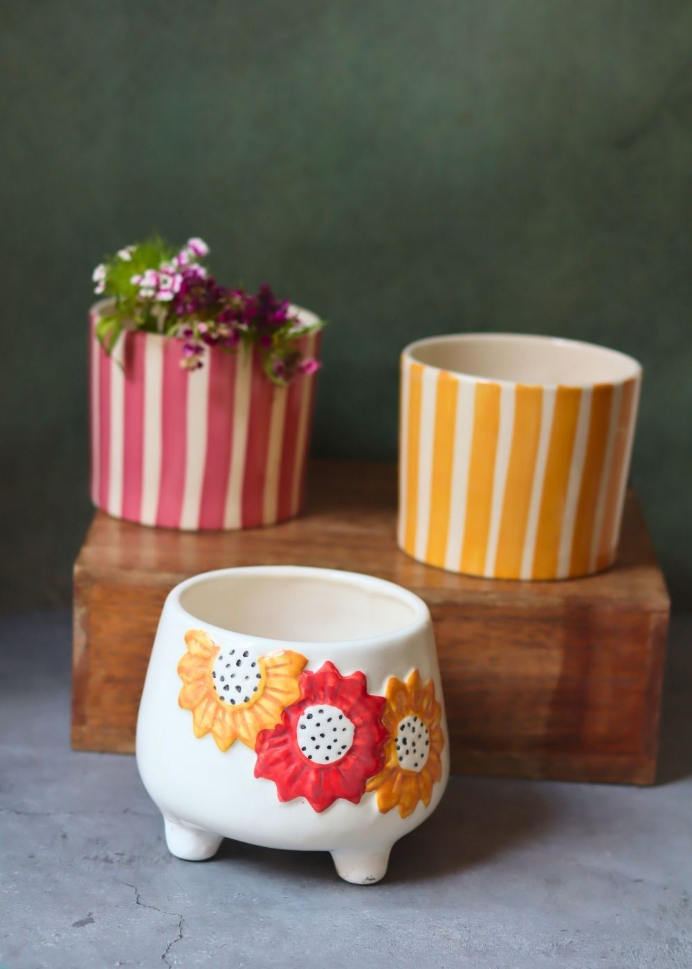 Handmade Set of 3 - Striped & Floral Bliss Planters