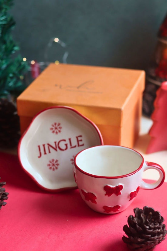 Bow Mug & Jingle Handmade Dessert Plate in a Gift Box with premium quality material