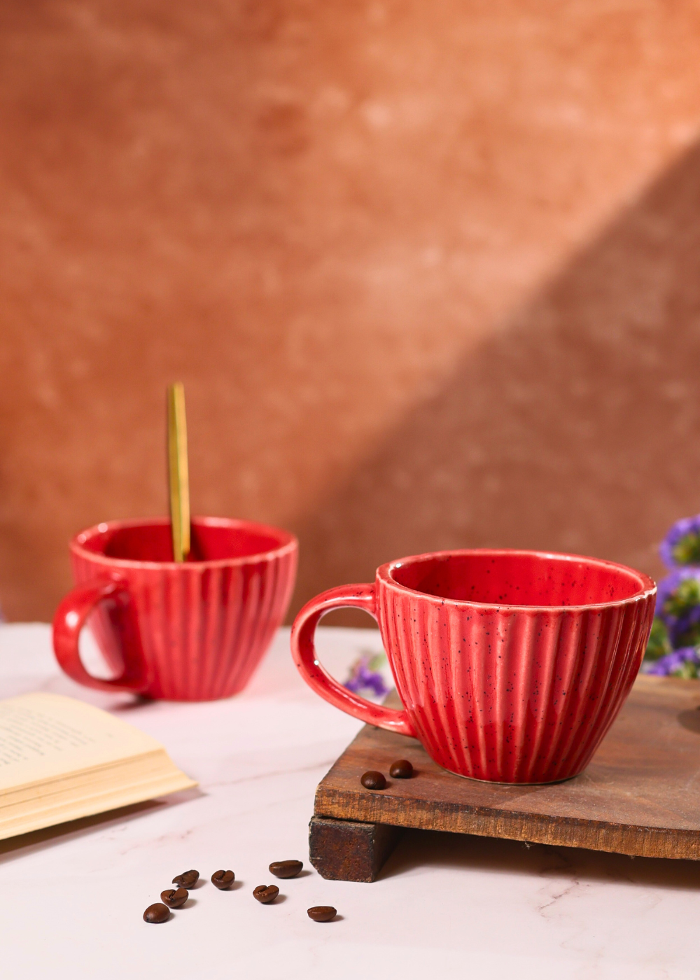red mug with unique striped design