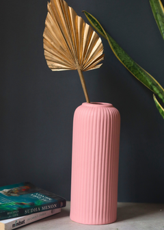 Handmade ceramic pink ribbed vase - tall