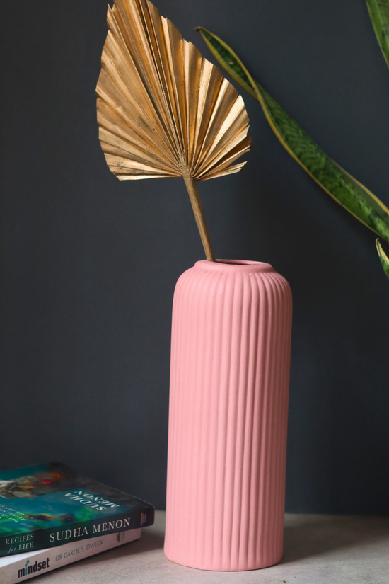 Handmade ceramic pink ribbed vase - tall