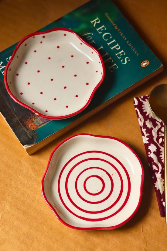 Set of 2 - Red Lined & Red Polka handmade Dessert Plates handmade in India