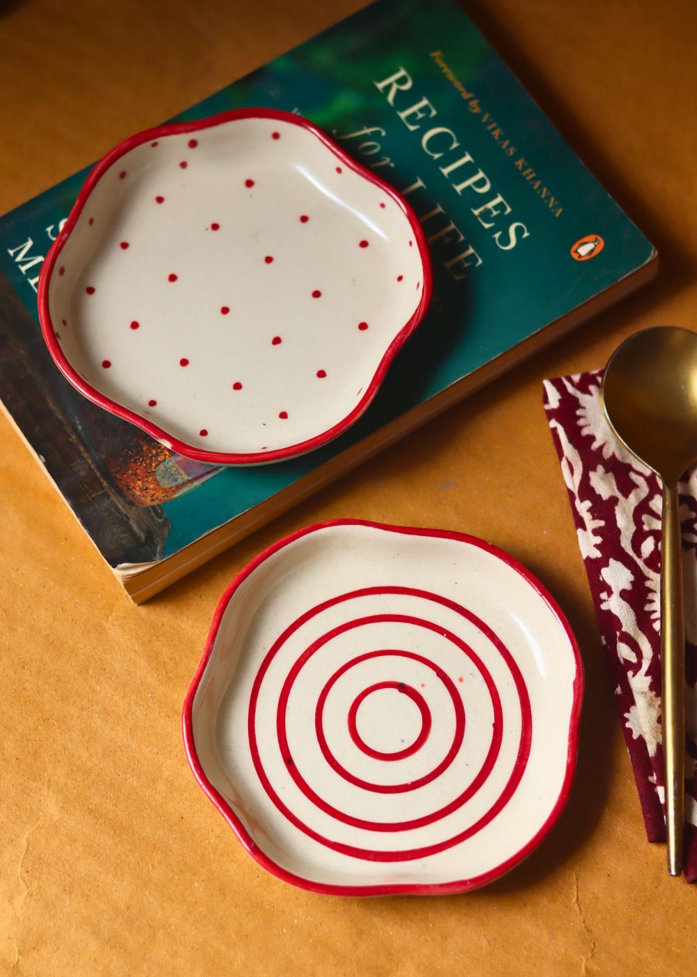 Set of 2 - Red Lined & Red Polka handmade Dessert Plates handmade in India