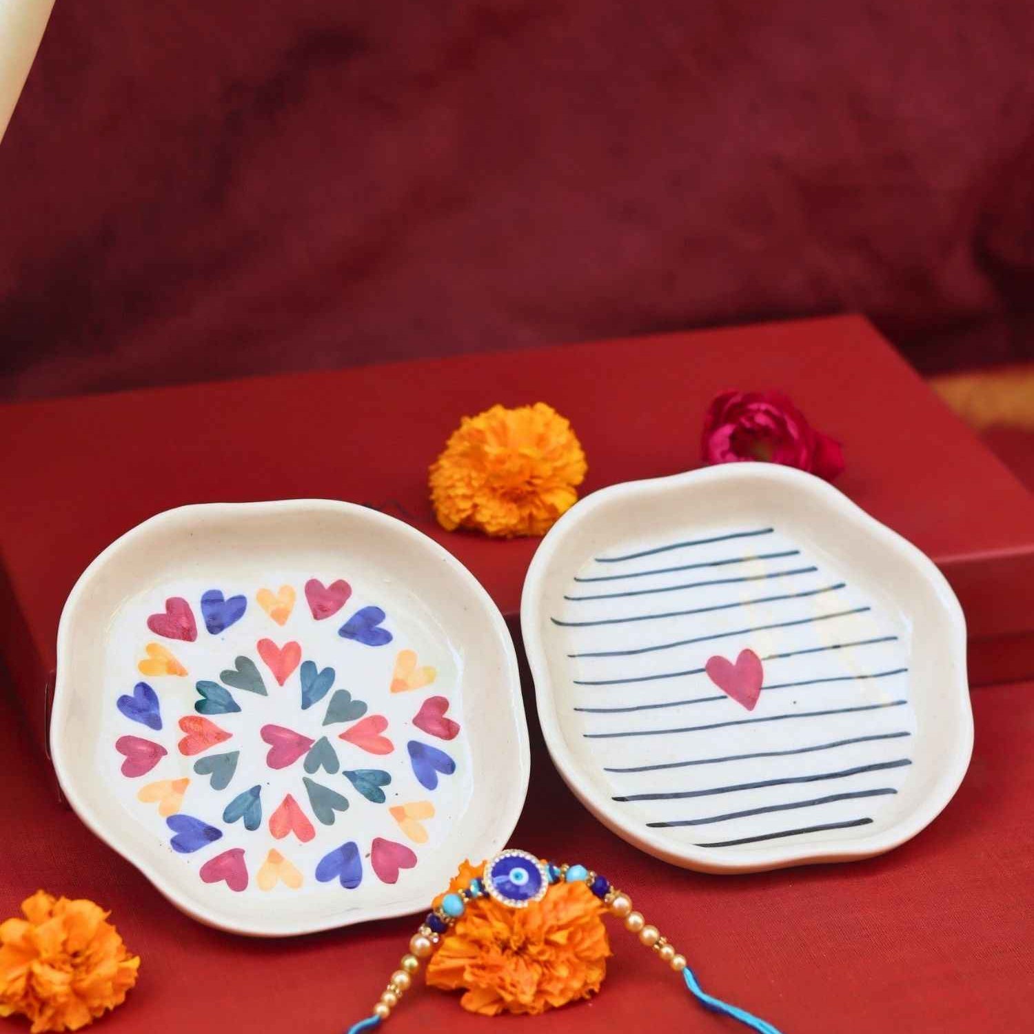 LoveisLove & Striped heart Handmade Dessert plate Rakhi Gift box