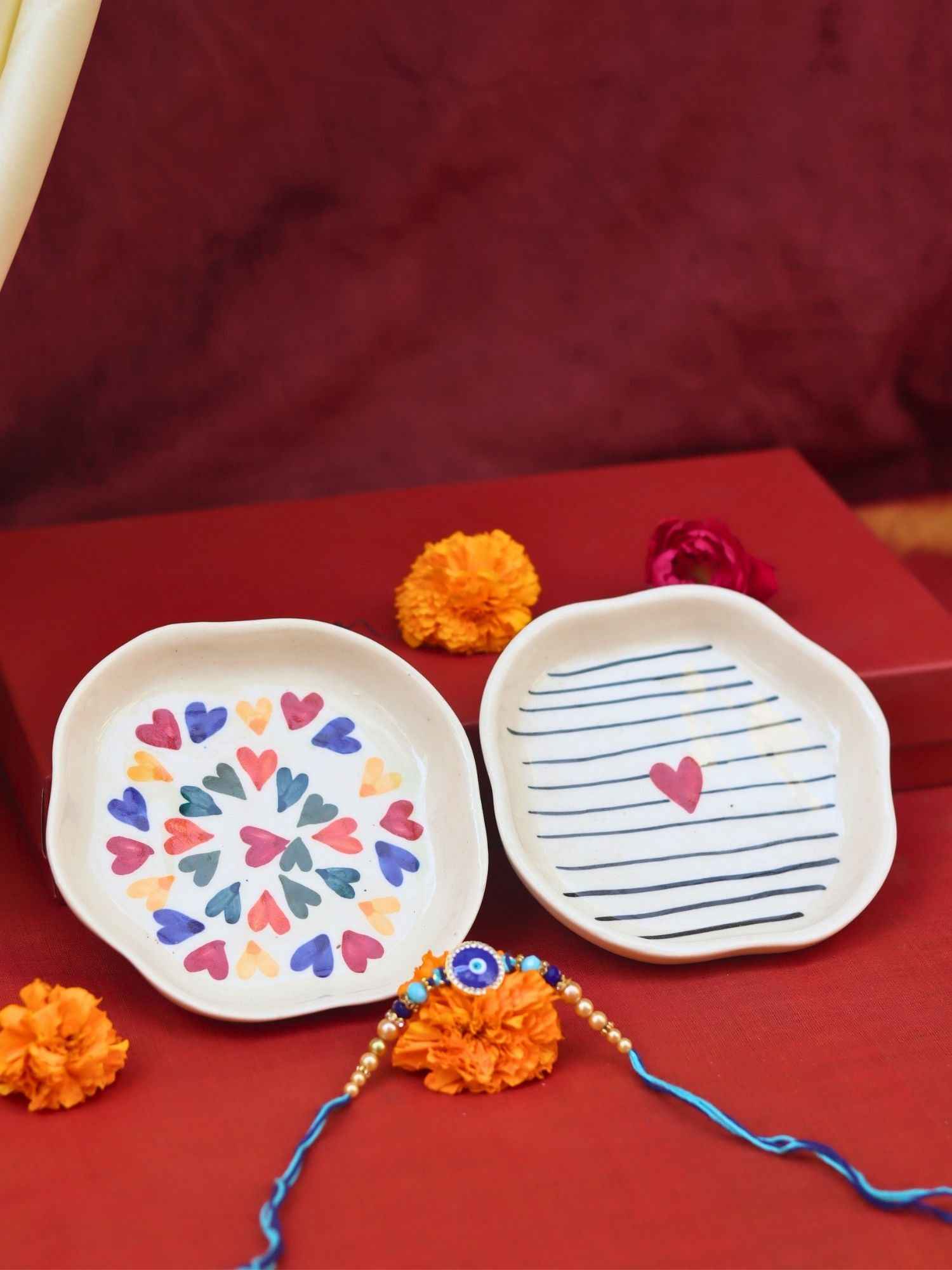 LoveisLove & Striped heart Handmade Dessert plate Rakhi Gift box