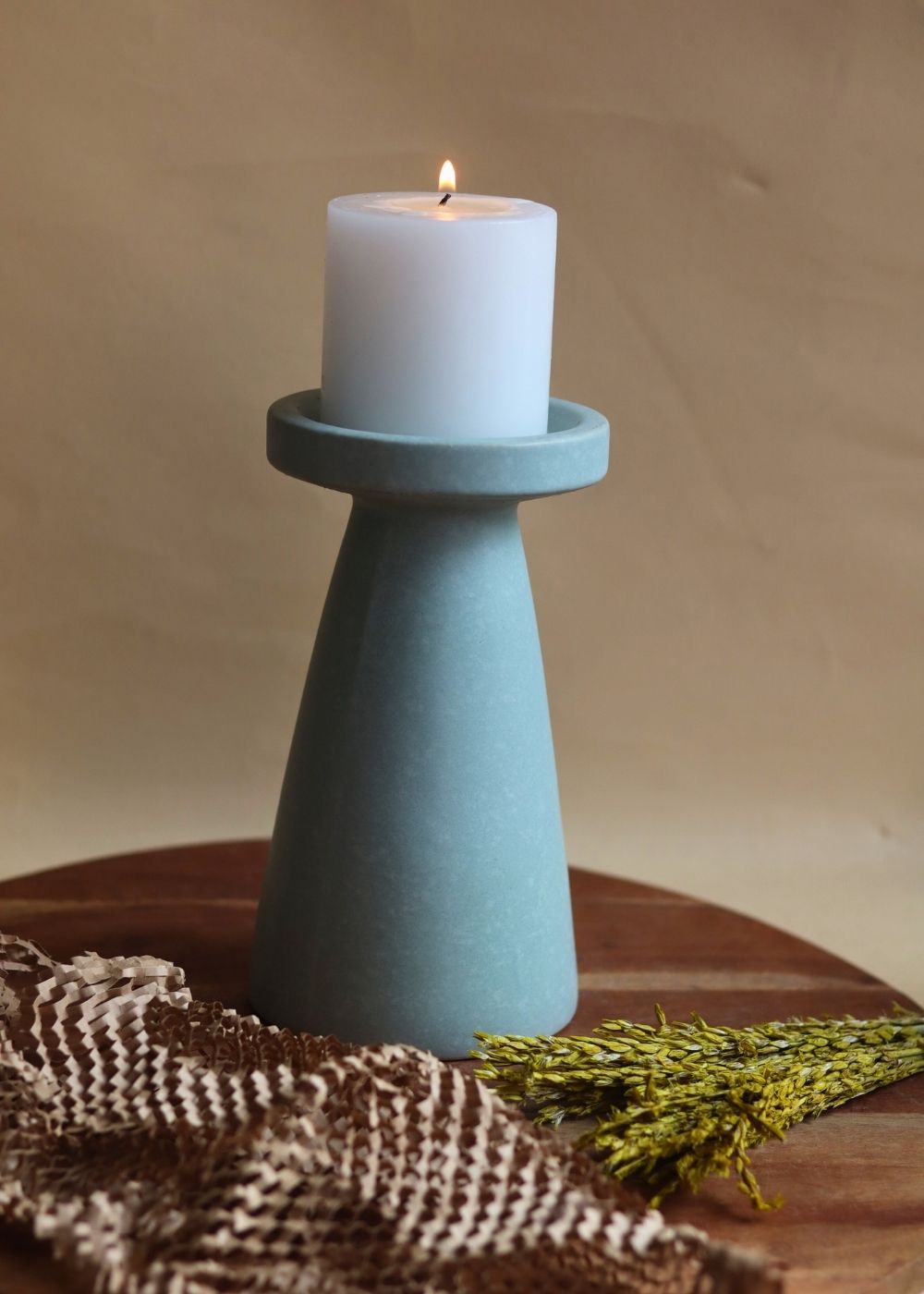 Sky Blue Pillar Candle Holder - Large handmade in india