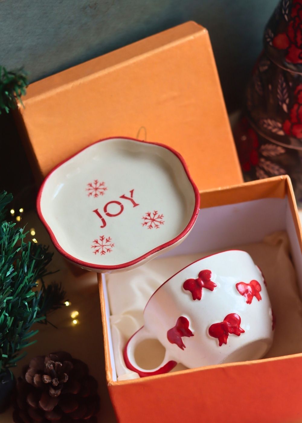 Bow Mug & Joy Handmade Dessert Plate in a Gift Box made by ceramic