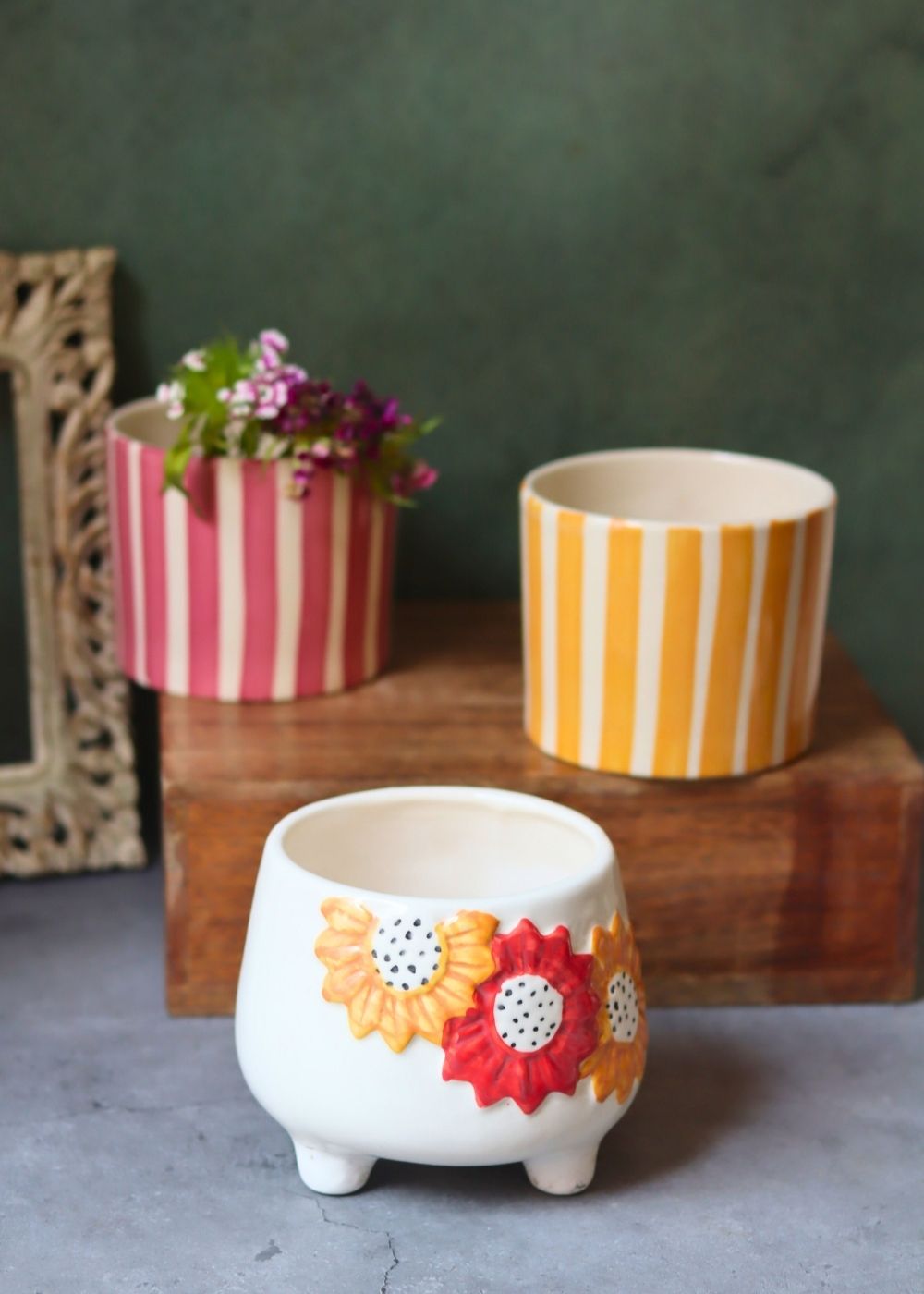 Set of 3 - Striped & Floral Bliss Planters with premium quality material
