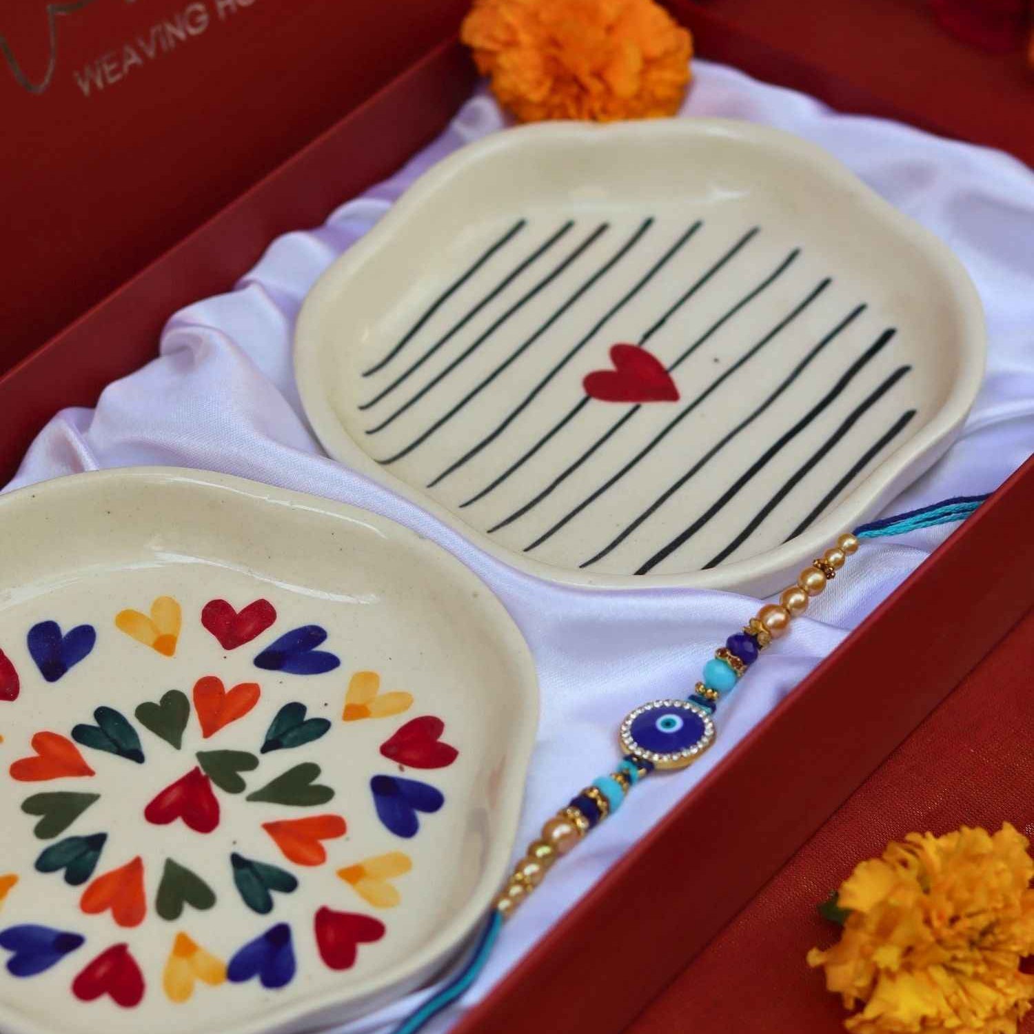 LoveisLove & Striped heart Handmade Dessert plate Rakhi Gift box
