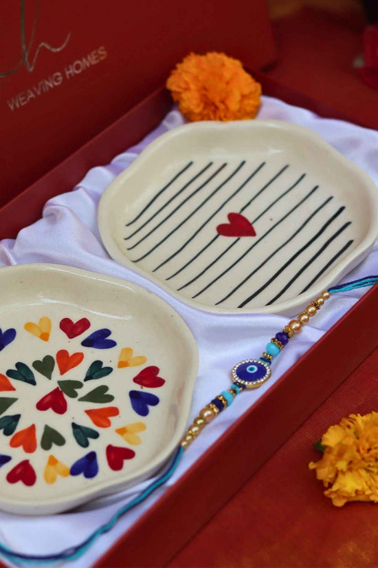 LoveisLove & Striped heart Handmade Dessert plate Rakhi Gift box
