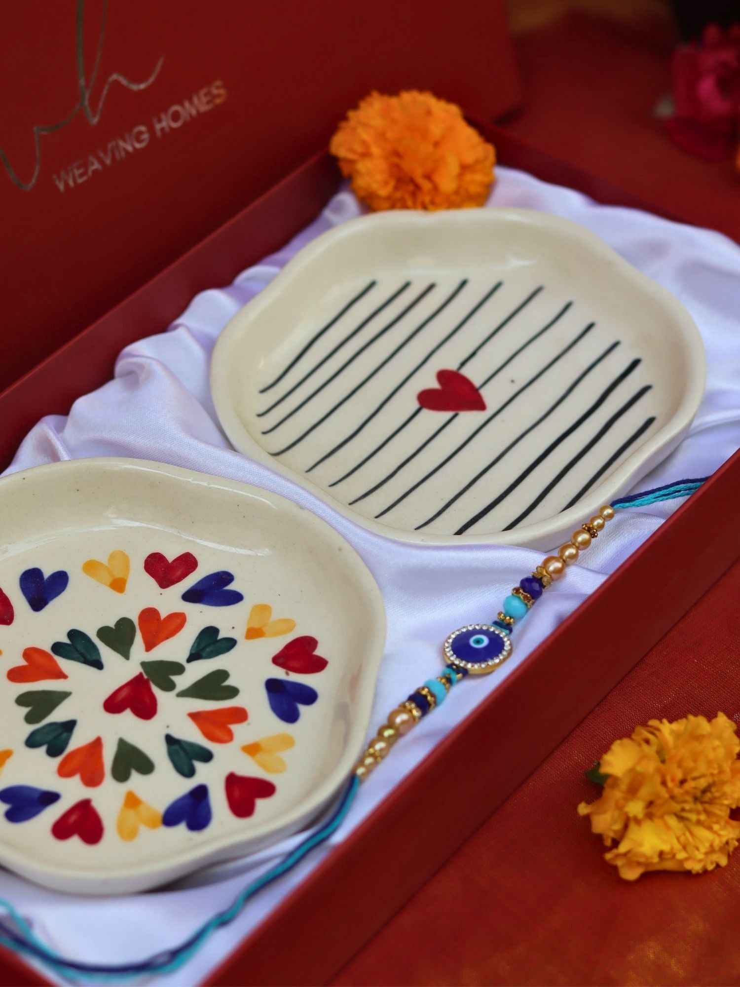 LoveisLove & Striped heart Handmade Dessert plate Rakhi Gift box