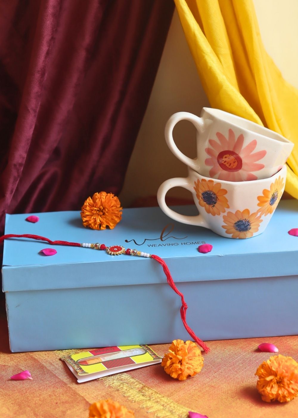 Surajmukhi & Flower Mug Rakhi Gift Box handmade in India