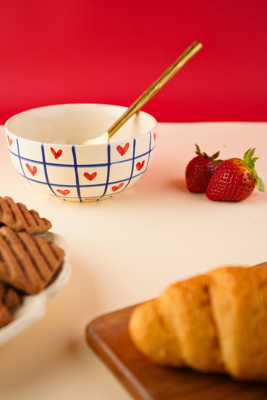 handmade blue chequered heart bowl with blue chequered lines & red Heart design