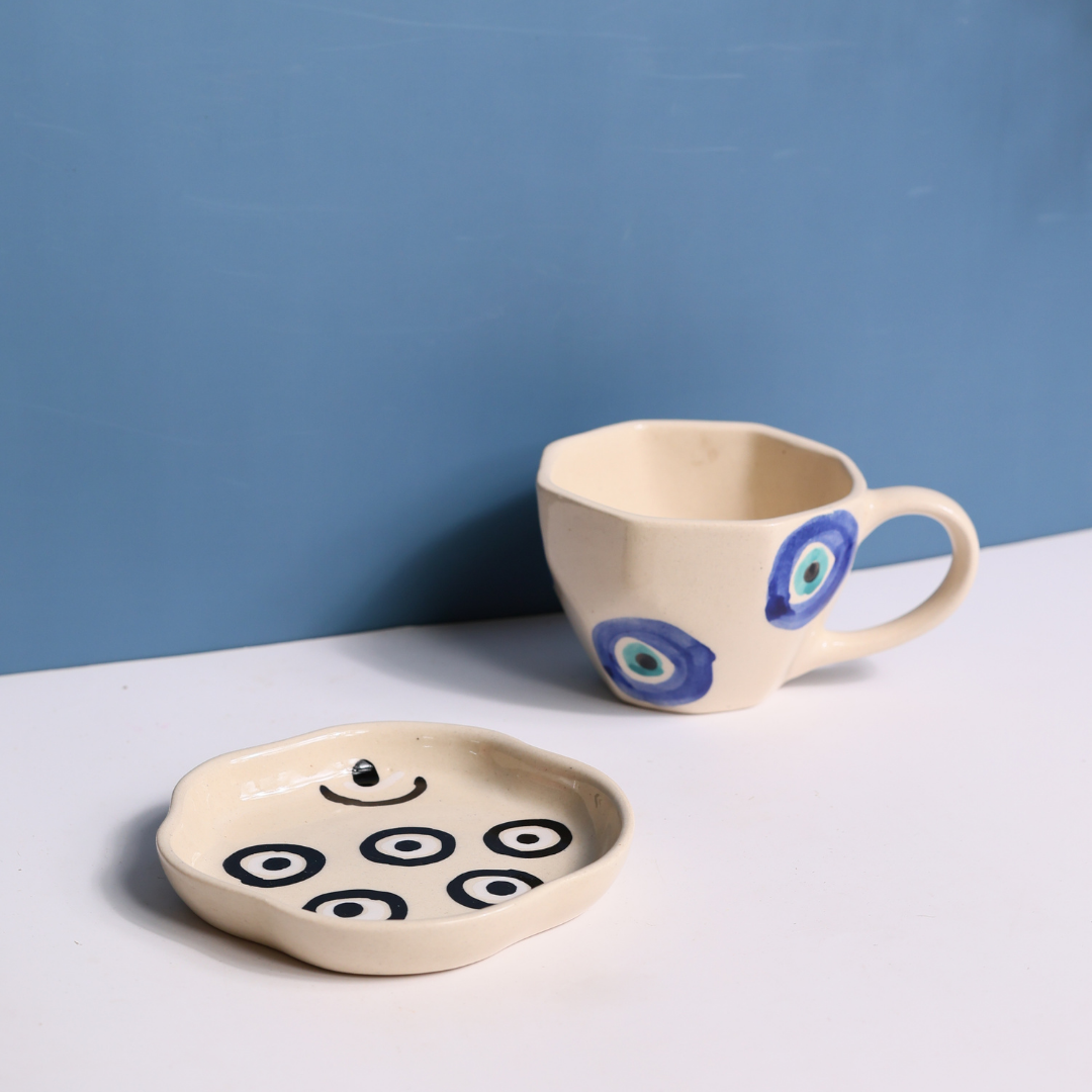 combo, drinkware, evil eye mug & beautiful dessetr plate 