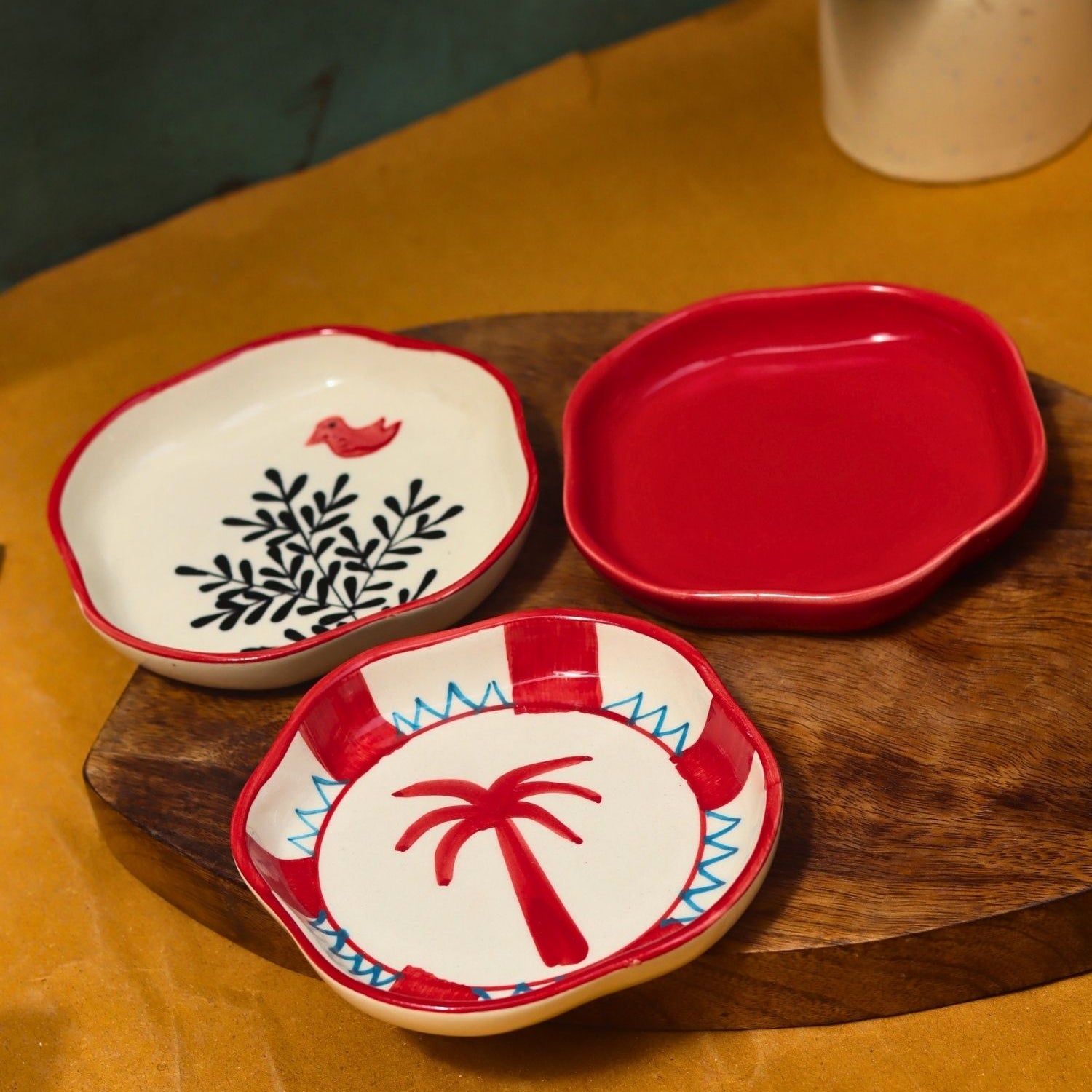 handmade Birdie, Red & Palm Handmade Dessert Plate - Set of 3