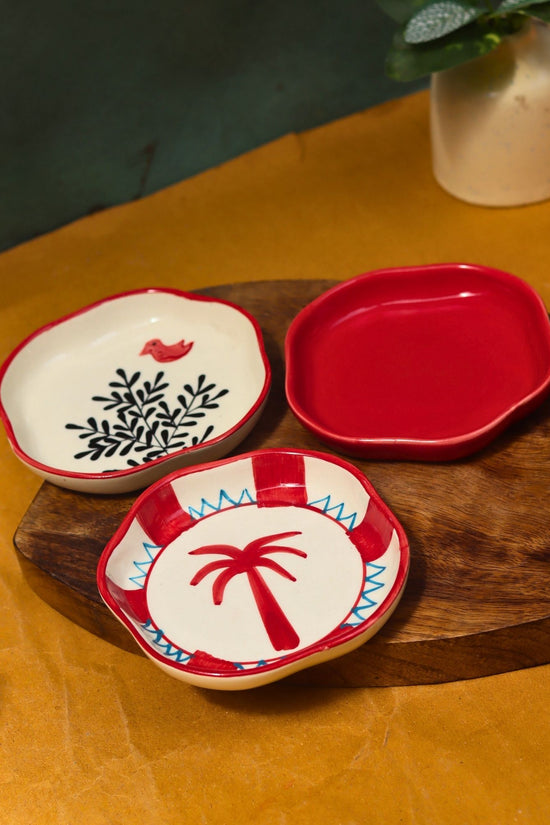 handmade Birdie, Red & Palm Handmade Dessert Plate - Set of 3