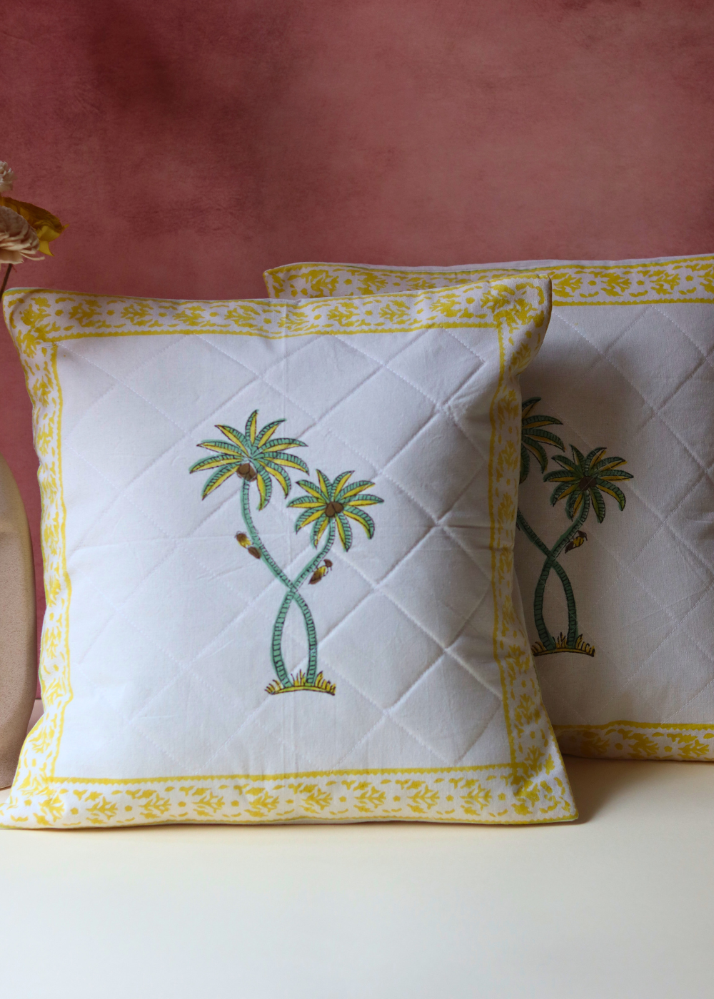 Yellow Palm Cushion Covers - Quilted