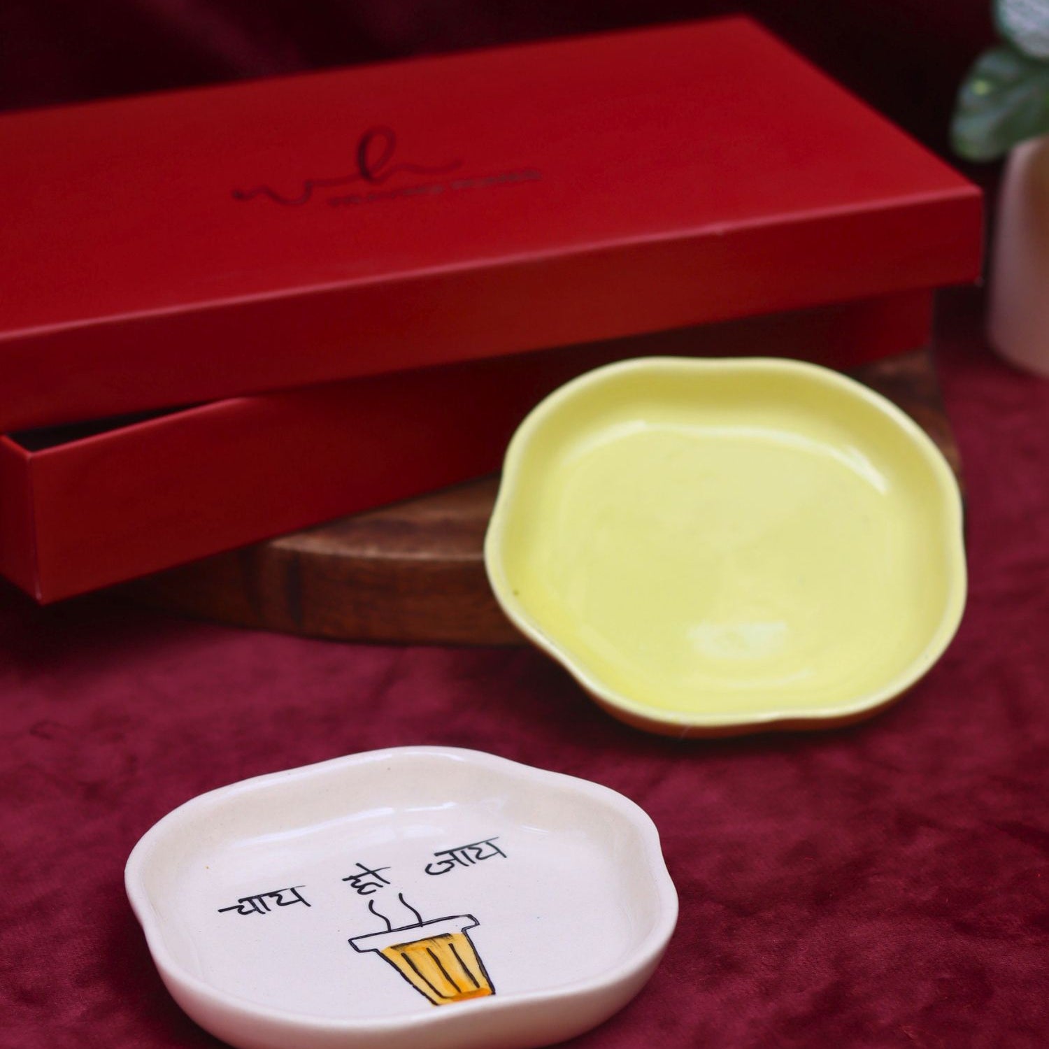 Lead free Sunshine Yellow & Chai ho jaye Handmade Dessert plate in a Gift Box